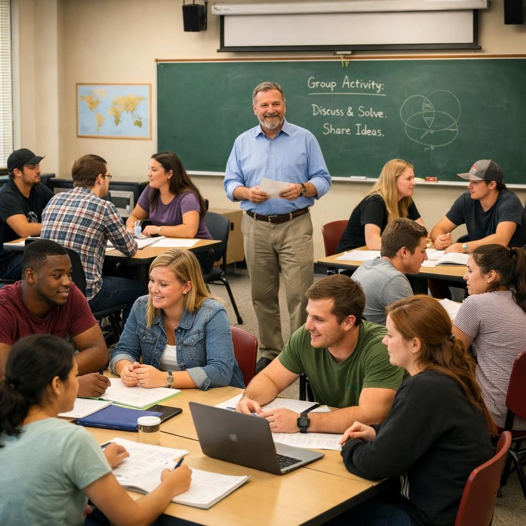 Students working together in groups with teacher standing in classroom