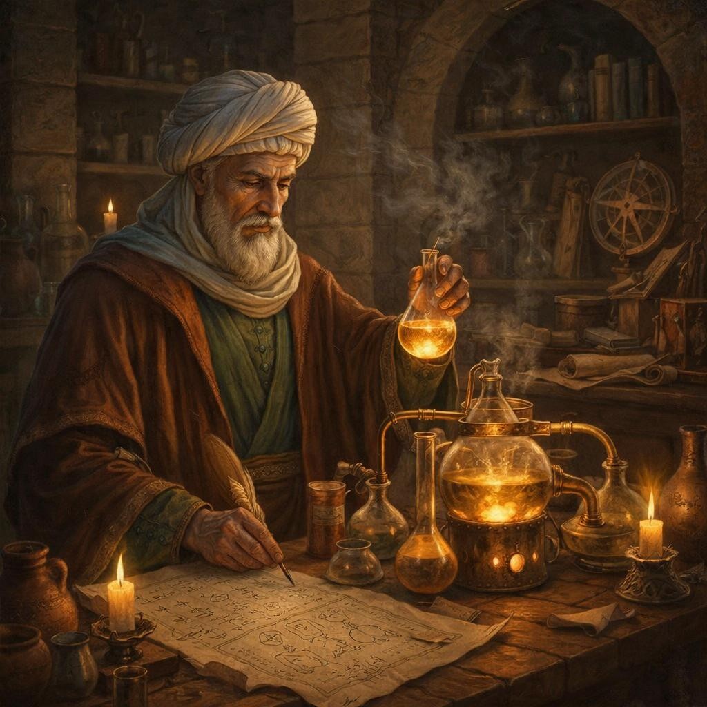 Ornate Islamic tile with blue geometric patterns and golden Arabic script in the center.