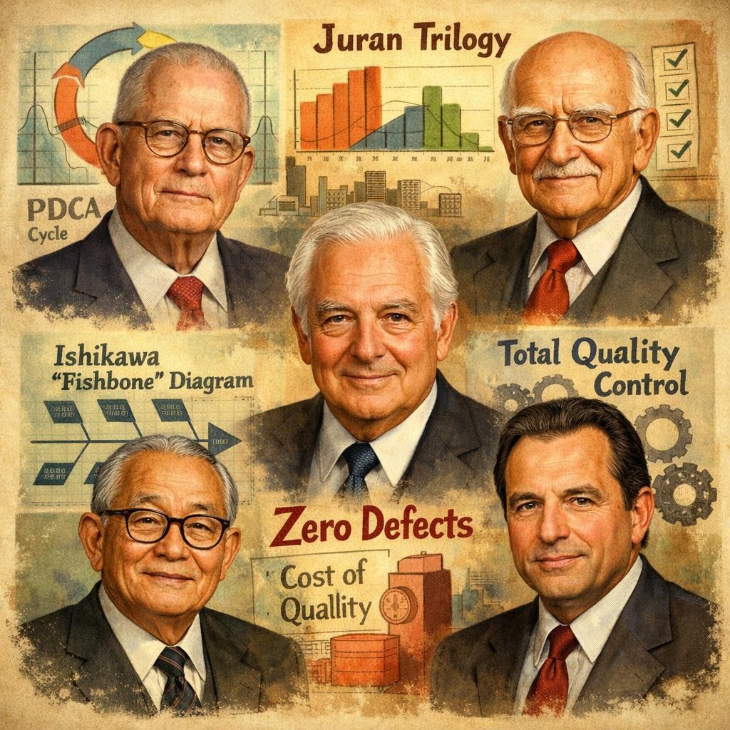 Portrait collage of five quality management gurus