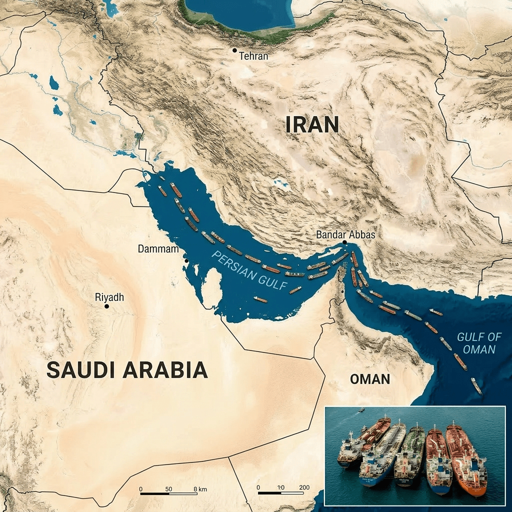 Cargo ships and tankers densely packed in a narrow sea passage between mountainous coastlines