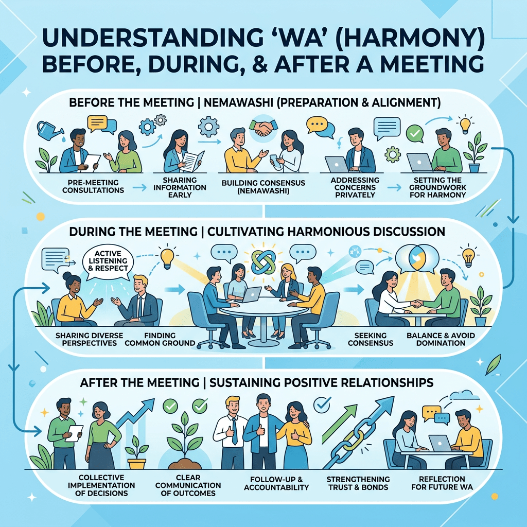 Diagram showing steps for understanding 'Wa' harmony before, during, and after a meeting with illustrated people and icons