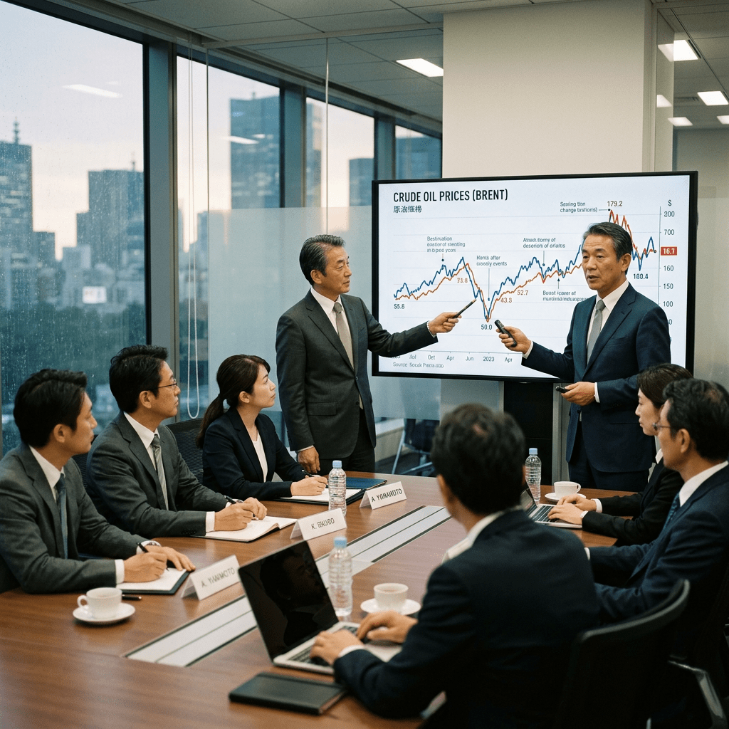 Business professionals in suits discussing Brent crude oil price chart