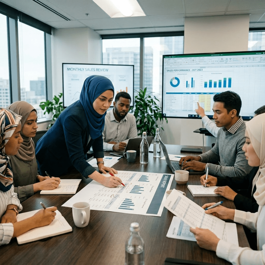 Show Malaysian staff, women wearing hijab.