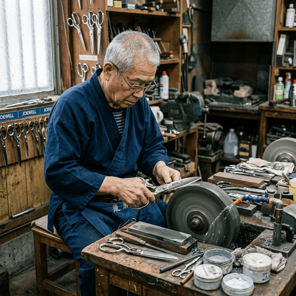 Craftsman sharpening scissors using a grinding wheel in a workshop