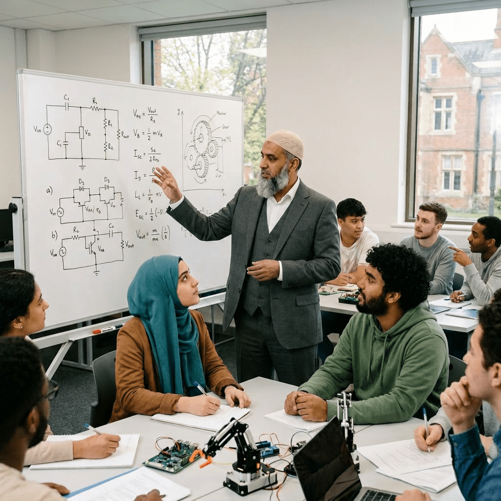 Professor explaining electrical circuit diagrams on a whiteboard to a diverse group of engineering students