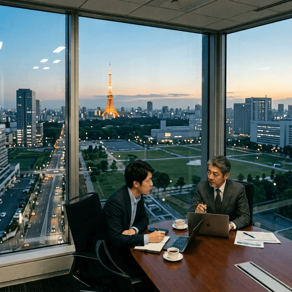 Two men in suits working at a table in an office with a city skyline view at dusk