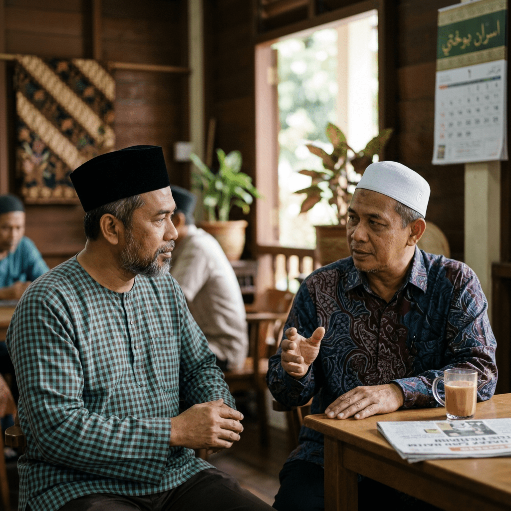 Two men wearing traditional clothing and caps talking at a wooden table with tea and newspaper