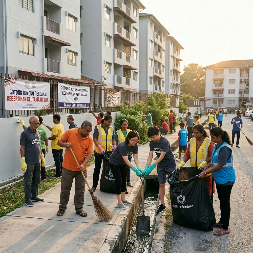 Group of diverse people cleaning a street and drainage ditch in a residential neighborhood