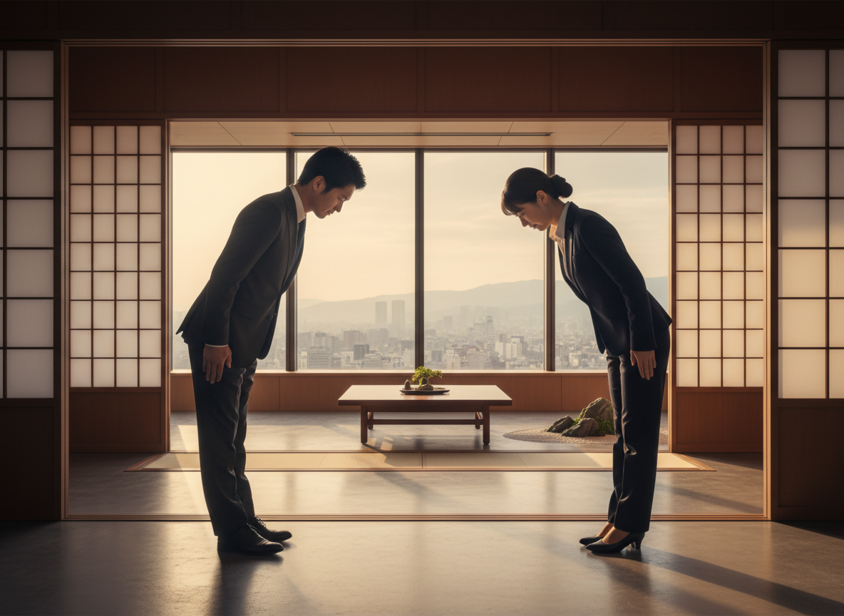 A professional scene depicting Japanese business culture and trust — two businesspeople bowing respectfully in a modern Tokyo office setting
