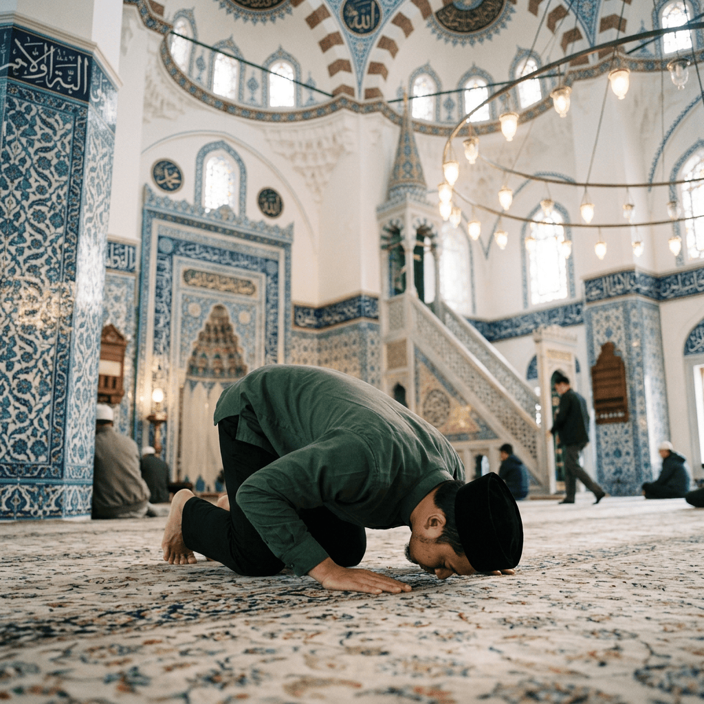Worshipper prostrating during prayer inside an ornate mosque