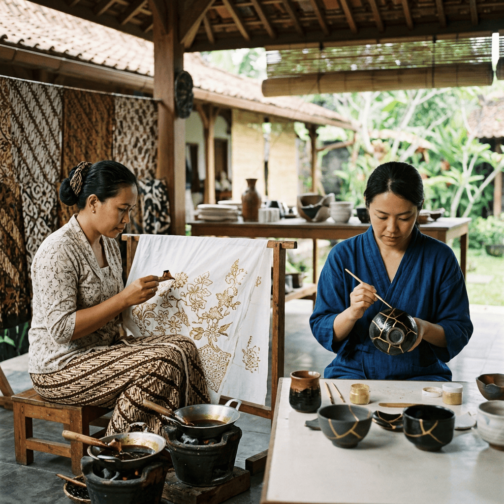 Two artisans creating batik textiles and decorating black pottery in an open-air workshop