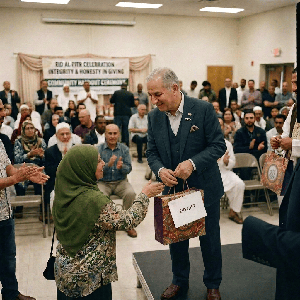 Man presenting an Eid gift bag to a woman at a community celebration